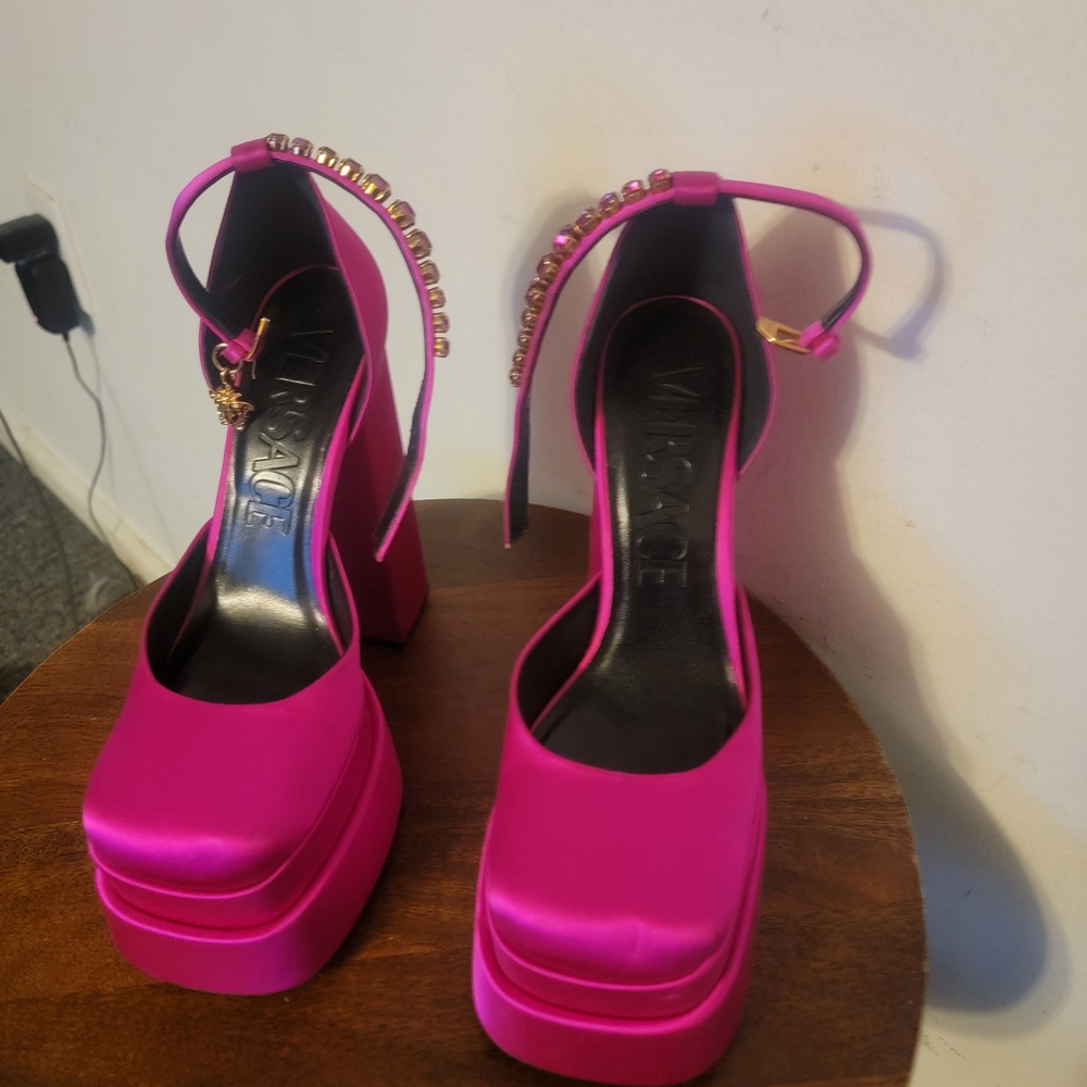 Versace Collection Pink Platform Heels with Gold Embellishments